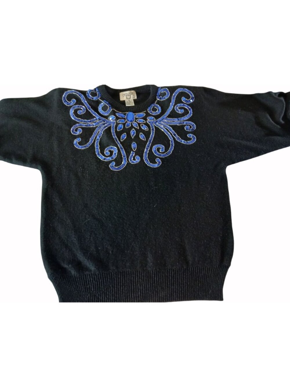 Vintage Cervelle Black Sweater Blue Sequins Beaded Size S Oversized Bedazzled - Picture 9 of 10